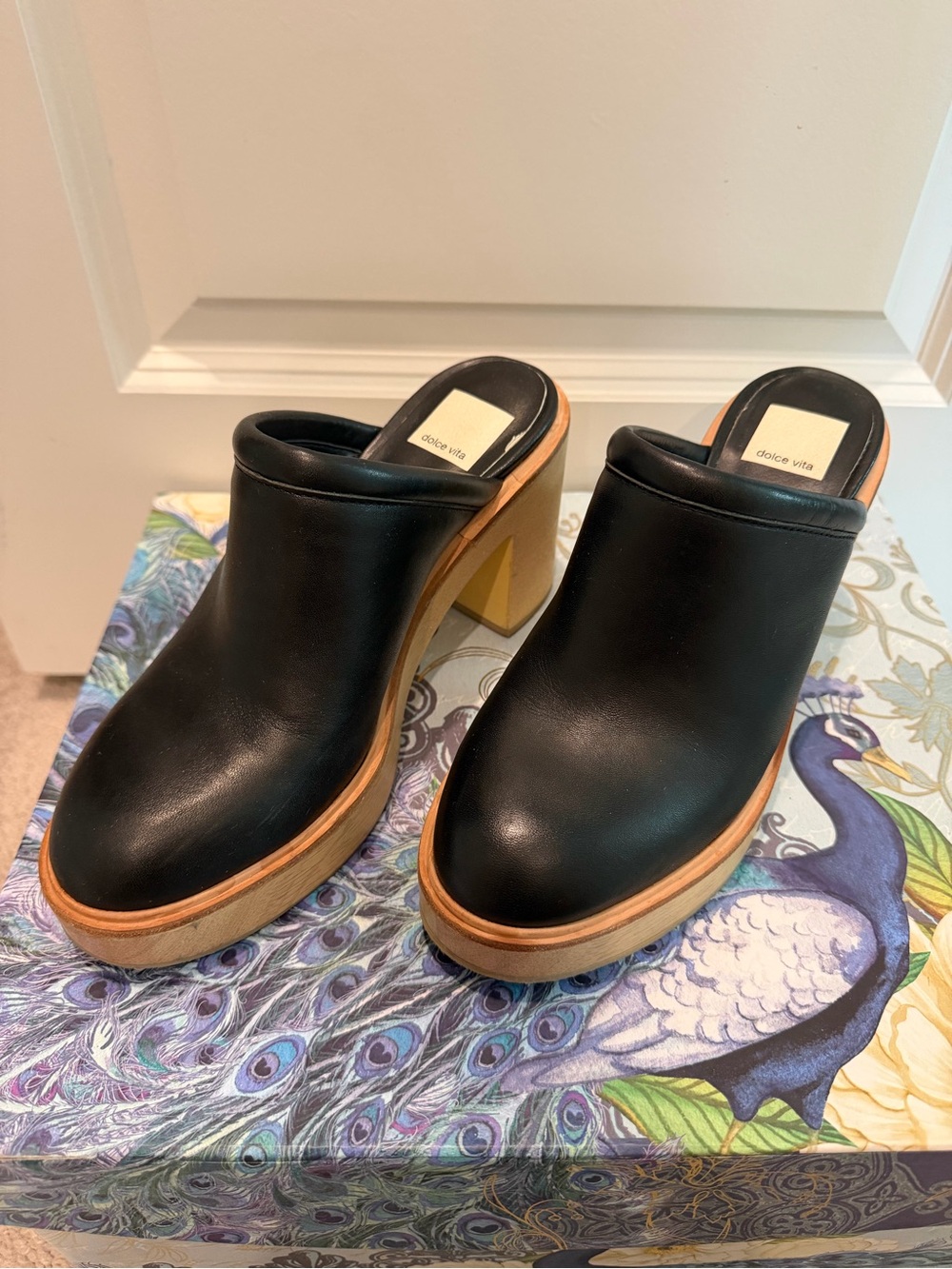 Dolce Vita Black Leather Platform Block Heel Mules Size 7.5